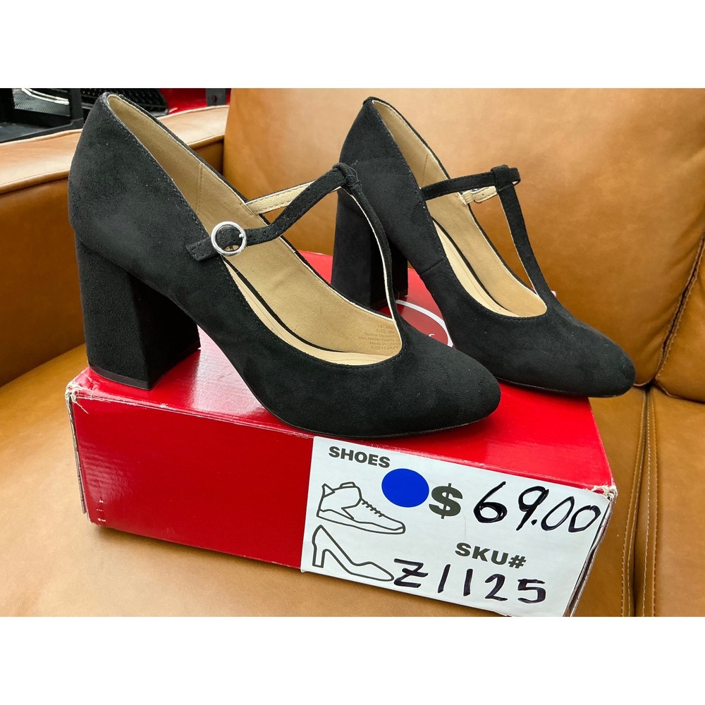 Journee Collection Talani T-Strap Pump Womens 9 Black Block Heel Suede - Picture 7 of 8